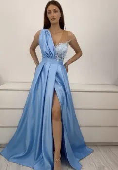 Rochie eleganta lunga din tafta bleu accesorizata cu broderie la bust imagine
