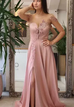 Rochie eleganta lunga din tafta roz prafuit prevazuta cu broderie pretioasa in partea superioara si maneca scurta imagine