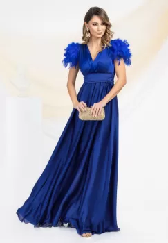 Rochie eleganta lunga din voal prevazuta cu pene la umeri si decolteu in V imagine