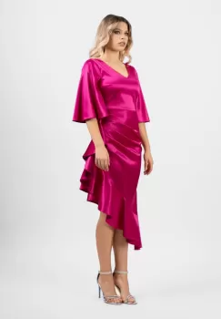 Rochie eleganta midi confectionata din tafta cu slit pe lateral si volane imagine