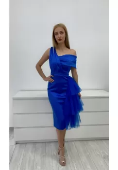 Rochie eleganta midi conica albastra cu volane din tull imagine