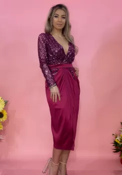 Rochie eleganta midi cu aspect petrecut din tafta cu broderie din perle si paiete in partea superioara imagine