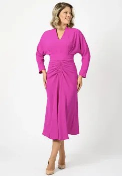 Rochie eleganta midi de culoare fucsia cu pense in zona taliei imagine