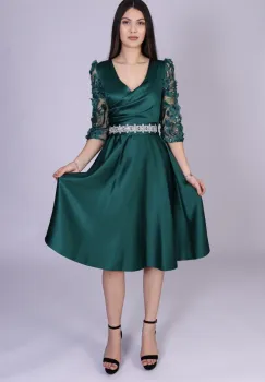 Rochie eleganta midi din tafta verde cu maneci din broderie florala imagine