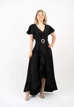 Rochie eleganta neagra asimetrica cu volane si slit imagine