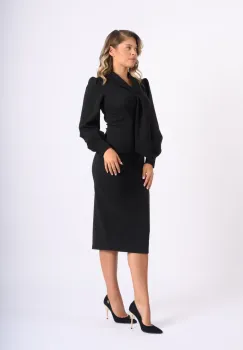 Rochie eleganta neagra cu lungime midi si maneca lunga imagine