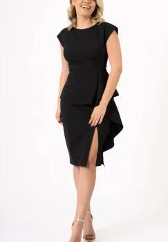 Rochie eleganta neagra cu volan la talie si maneca scurta imagine