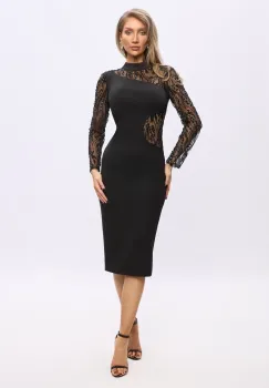 Rochie eleganta neagra midi cu maneci din dantela si spatele gol imagine