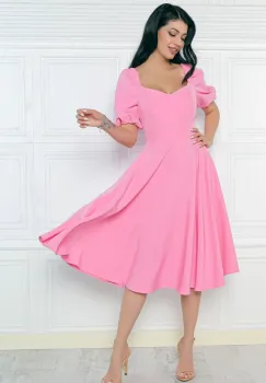 Rochie eleganta roz cu croi in clos si maneca scurta din material vaporos imagine