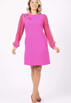 Rochie eleganta roz cu maneci din voal plisat imagine