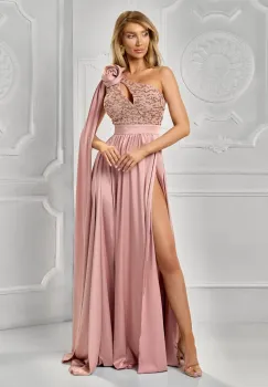 Rochie eleganta roz prafuit vaporoasa cu slit pe picior imagine