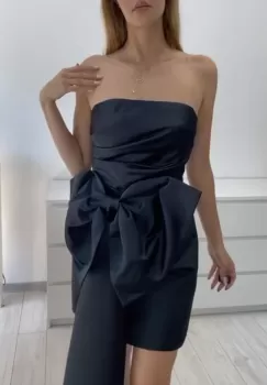 Rochie eleganta scurta din tafta neagra cu funda maxi si croiala cambrata imagine