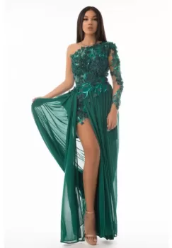 Rochie eleganta verde accesorizata cu broderie florala 3D aplicata manual imagine