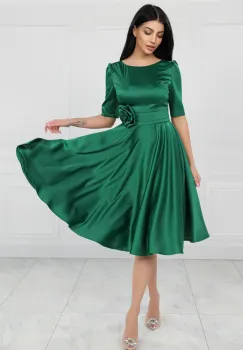 Rochie eleganta verde din tafta cu croiala in clos si buzunare laterale imagine
