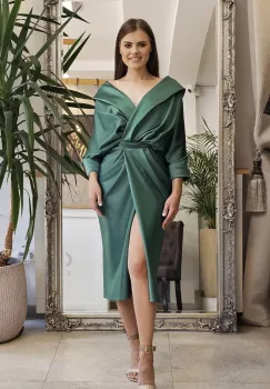 Rochie eleganta verde din tafta cu pense la talie si bust imagine