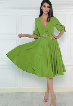 Rochie eleganta verde fistic cu maneci sparte si detaliu pretios imagine