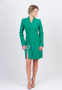 Rochie eleganta verde tip sacou cu detalii pretioase si slit pe picior imagine