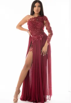 Rochie lunga de ocazie din voal cu partea superioara lucrata manual din broderie cu flori 3D imagine