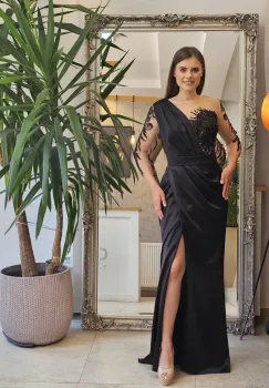 Rochie lunga din tafta cu slit pe picior si broderie pretioasa imagine