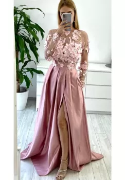 Rochie lunga din tafta roz prafuit cu broderie florala 3D imagine