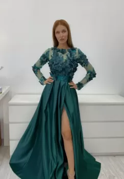 Rochie lunga din tafta verde cu broderie florala 3D imagine