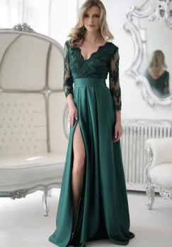 Rochie lunga din tafta verde cu broderie in partea superioara imagine