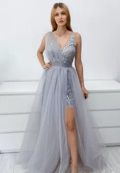 Rochie lunga din tull gri cu broderie argintie pretioasa imagine