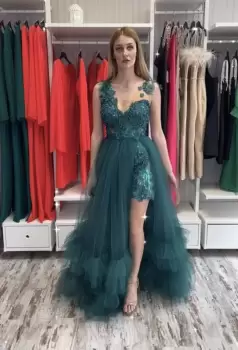 Rochie lunga din tull verde cu broderie florala 3D si perle imagine
