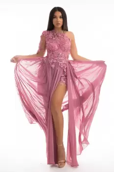 Rochie lunga din voal cu broderie florala 3D si slit pe picior imagine