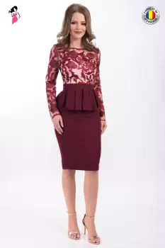 Rochie MBG Collection de ocazie midi cu tulle brodat si peplum la talie imagine