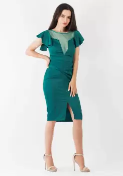 Rochie Moze verde conica prevazuta cu pliuri la talie imagine