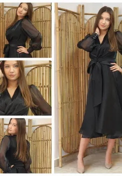 Rochie neagra din organza cu talie elastica si bust petrecut imagine