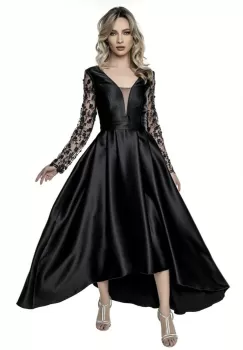 Rochie neagra din tafta asimetrica cu dantela in partea superioara imagine