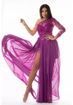 Rochie ocazie lunga din voal fucsia cu broderie florala 3D aplicata manual imagine