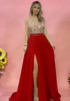 Rochie rosie lunga eleganta din voal cu broderie si perle imagine