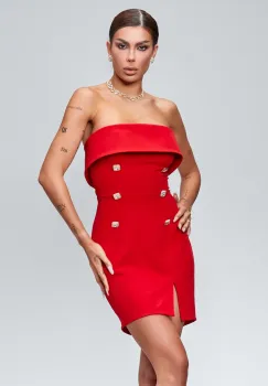 Rochie rosie scurta cu volan la bust imagine