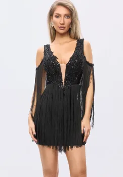 Rochie scurta neagra cu franjuri si broderie imagine