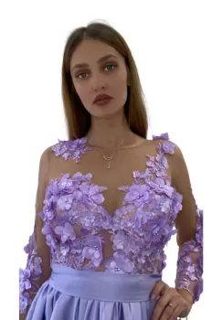 Rochie violet din voal cu flori 3D in partea superioara imagine