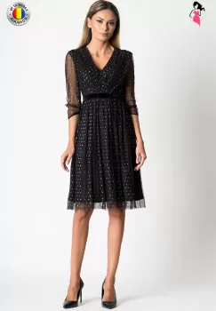 Rochie Xara de ocazie midi din tulle plisat cu buline aurii imagine