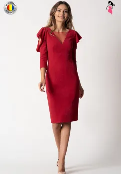 Rochie Xara de ocazie rosie cu fir metalic in tesatura de lungime midi imagine