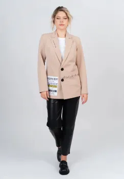 Sacou bej casual cu imprimeu si buzunare laterale imagine