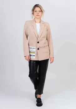 Sacou bej casual cu imprimeu si buzunare laterale imagine