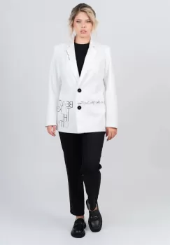 Sacou casual alb cu imprimeu si buzunare laterale functionale imagine