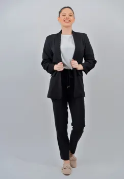 Sacou casual negru cu pliuri la maneci si revere tip sal imagine