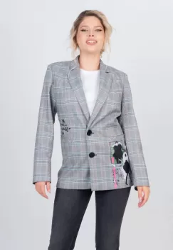 Sacou gri in carouri in nuante de gri albastru si roz imagine