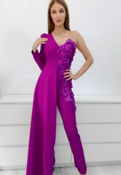 Salopeta eleganta fucsia cu broderie florala 3D si trena ampla imagine