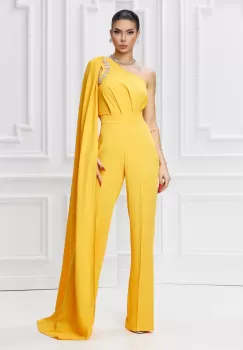 Salopeta eleganta galbena accesorizata cu strasuri si trena imagine