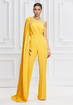 Salopeta eleganta galbena accesorizata cu strasuri si trena imagine