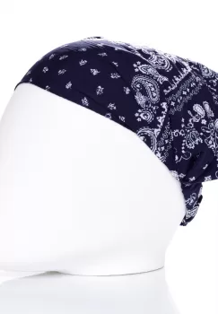 Bandana cu imprimeu alb pe fond bleumarin si elastic la spate imagine