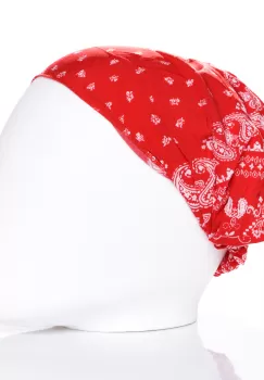 Bandana cu imprimeu alb pe fond rosu si elastic la spate imagine